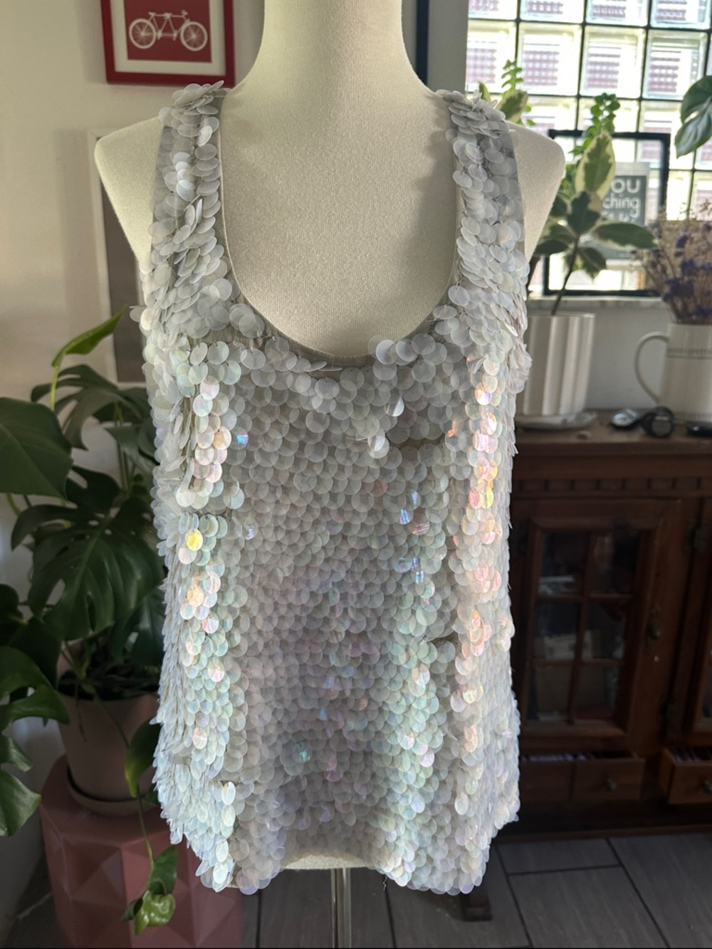 Walter Baker Iridescent White Sequin Tank Top - Women Small